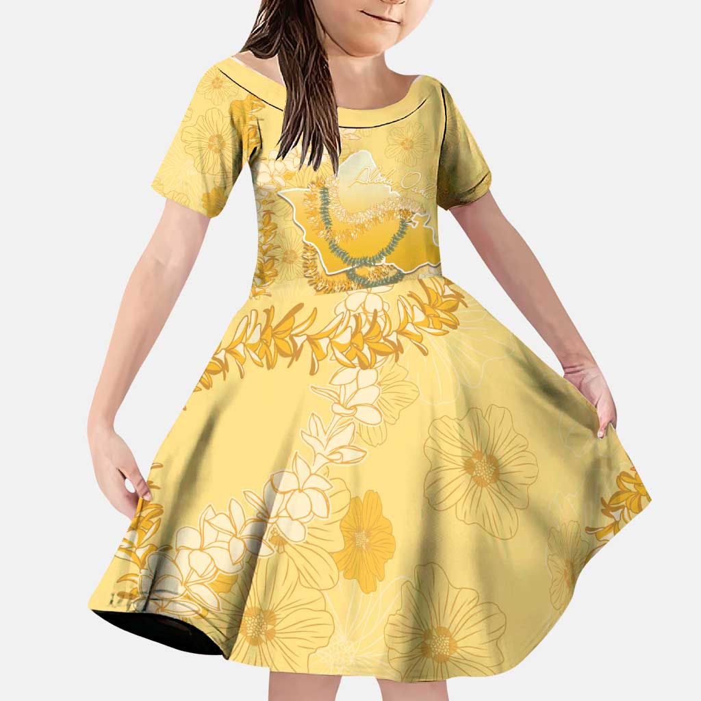 Hawaii Oahu Island Flowers Lei Family Matching Off Shoulder Short Dress and Hawaiian Shirt Yellow Ilima Mix Plumeria