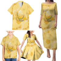 Hawaii Oahu Island Flowers Lei Family Matching Puletasi and Hawaiian Shirt Yellow Ilima Mix Plumeria