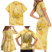 Hawaii Oahu Island Flowers Lei Family Matching Short Sleeve Bodycon Dress and Hawaiian Shirt Yellow Ilima Mix Plumeria