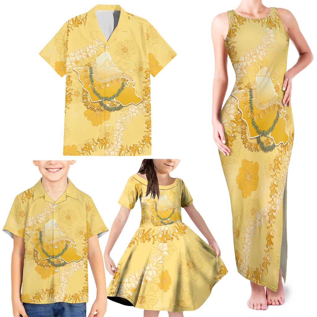 Hawaii Oahu Island Flowers Lei Family Matching Tank Maxi Dress and Hawaiian Shirt Yellow Ilima Mix Plumeria