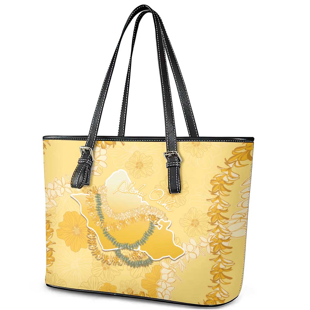Hawaii Oahu Island Flowers Lei Leather Tote Bag Yellow Ilima Mix Plumeria LT7 - Polynesian Pride