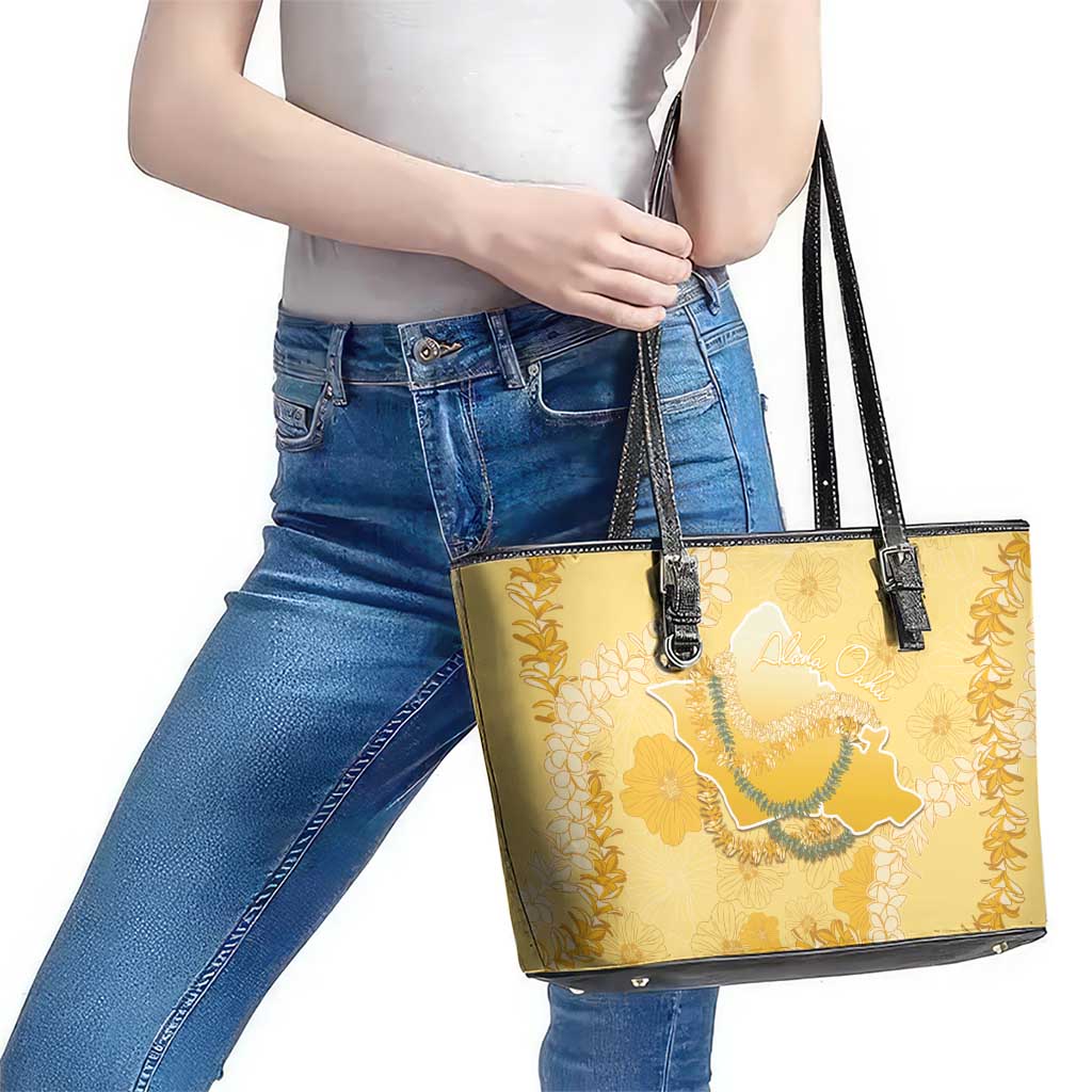 Hawaii Oahu Island Flowers Lei Leather Tote Bag Yellow Ilima Mix Plumeria LT7 - Polynesian Pride