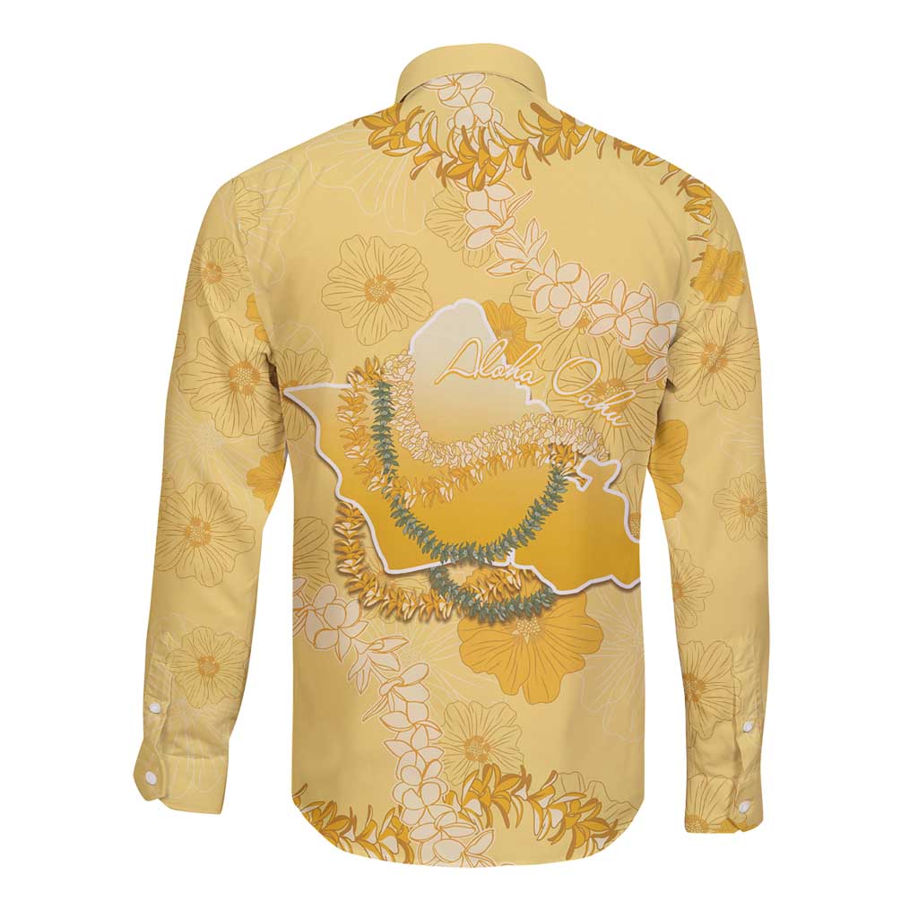 Hawaii Oahu Island Flowers Lei Long Sleeve Button Shirt Yellow Ilima Mix Plumeria LT7 - Polynesian Pride