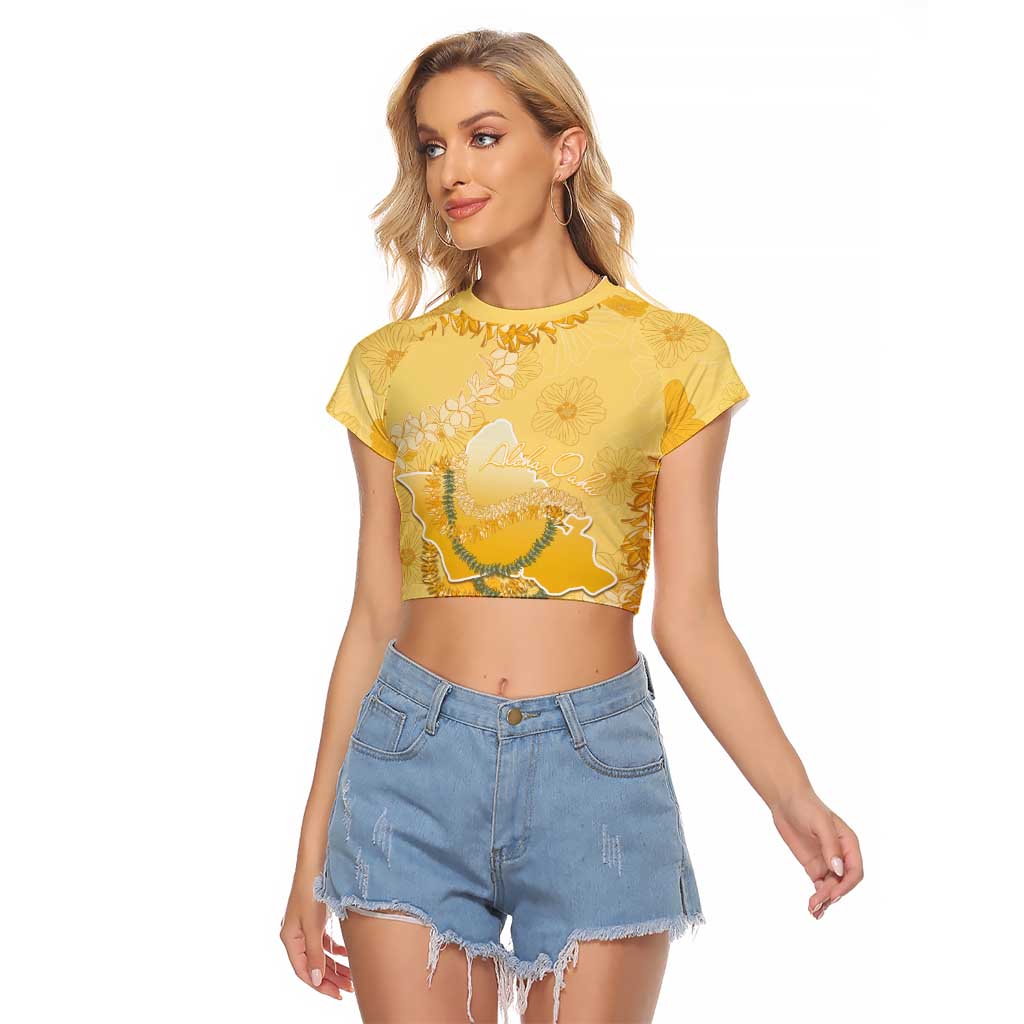 Hawaii Oahu Island Flowers Lei Raglan Cropped T Shirt Yellow Ilima Mix Plumeria LT7 Female Yellow - Polynesian Pride