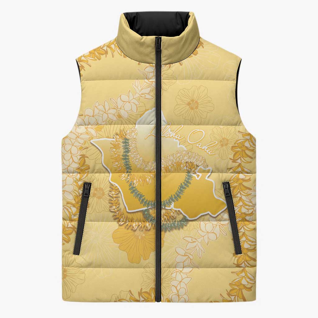 Hawaii Oahu Island Flowers Lei Sleeveless Puffer Jacket Yellow Ilima Mix Plumeria LT7 Unisex Yellow - Polynesian Pride