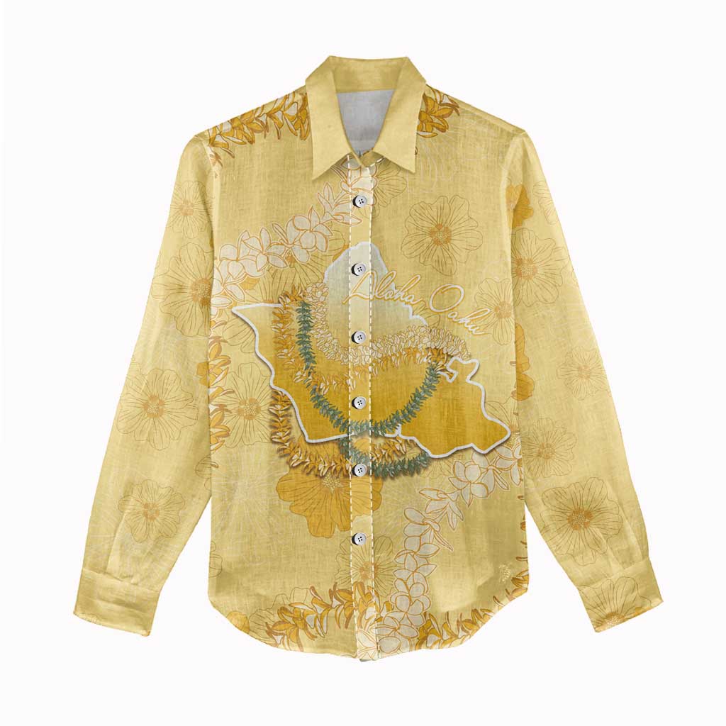 Hawaii Oahu Island Flowers Lei Women Casual Shirt Yellow Ilima Mix Plumeria