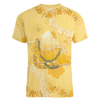 Hawaii Oahu Island Flowers Lei Women V-Neck T-Shirt Yellow Ilima Mix Plumeria