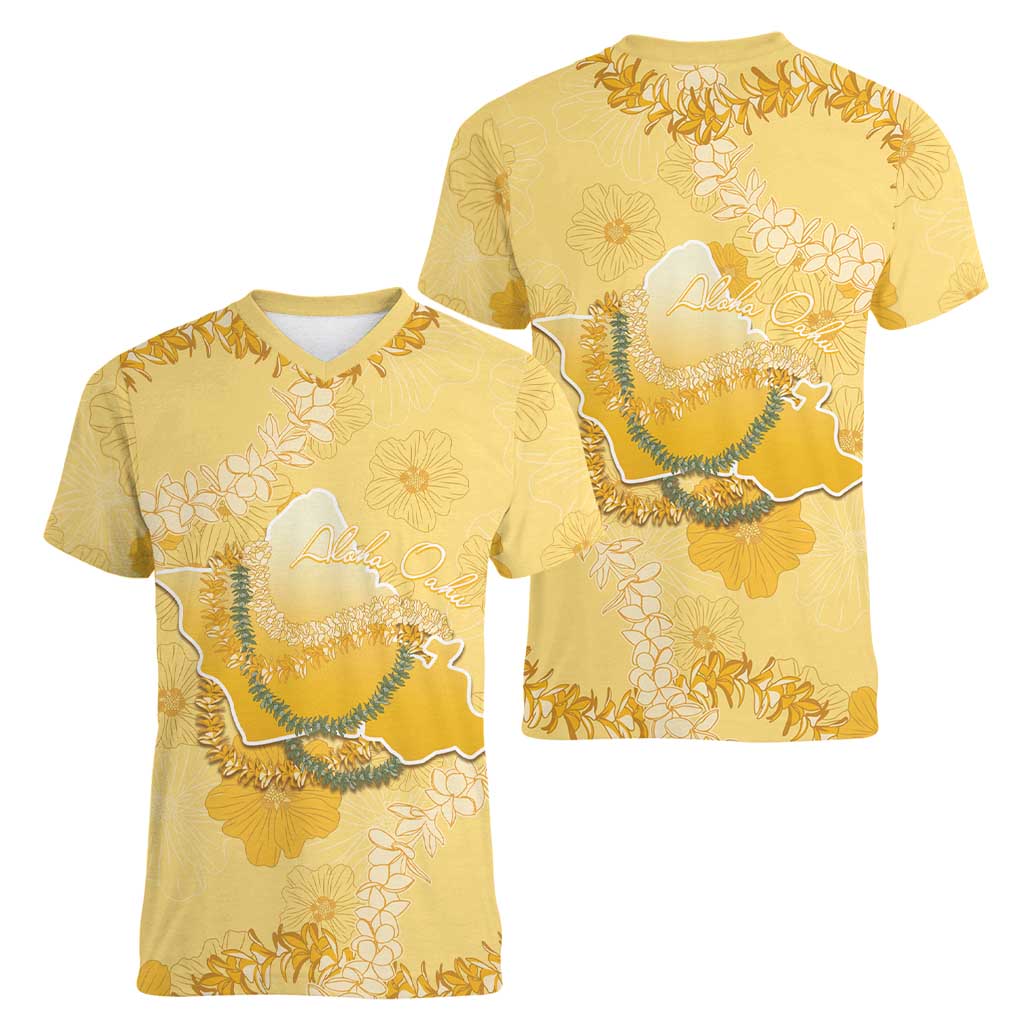 Hawaii Oahu Island Flowers Lei Women V-Neck T-Shirt Yellow Ilima Mix Plumeria