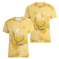 Hawaii Oahu Island Flowers Lei Women V-Neck T-Shirt Yellow Ilima Mix Plumeria