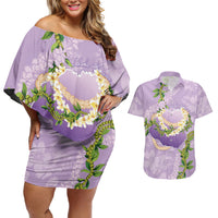 Hawaii Kauai Island Flowers Lei Couples Matching Off Shoulder Short Dress and Hawaiian Shirt Mokihana Lei