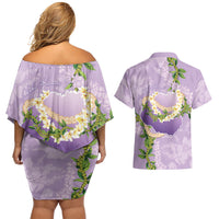 Hawaii Kauai Island Flowers Lei Couples Matching Off Shoulder Short Dress and Hawaiian Shirt Mokihana Lei