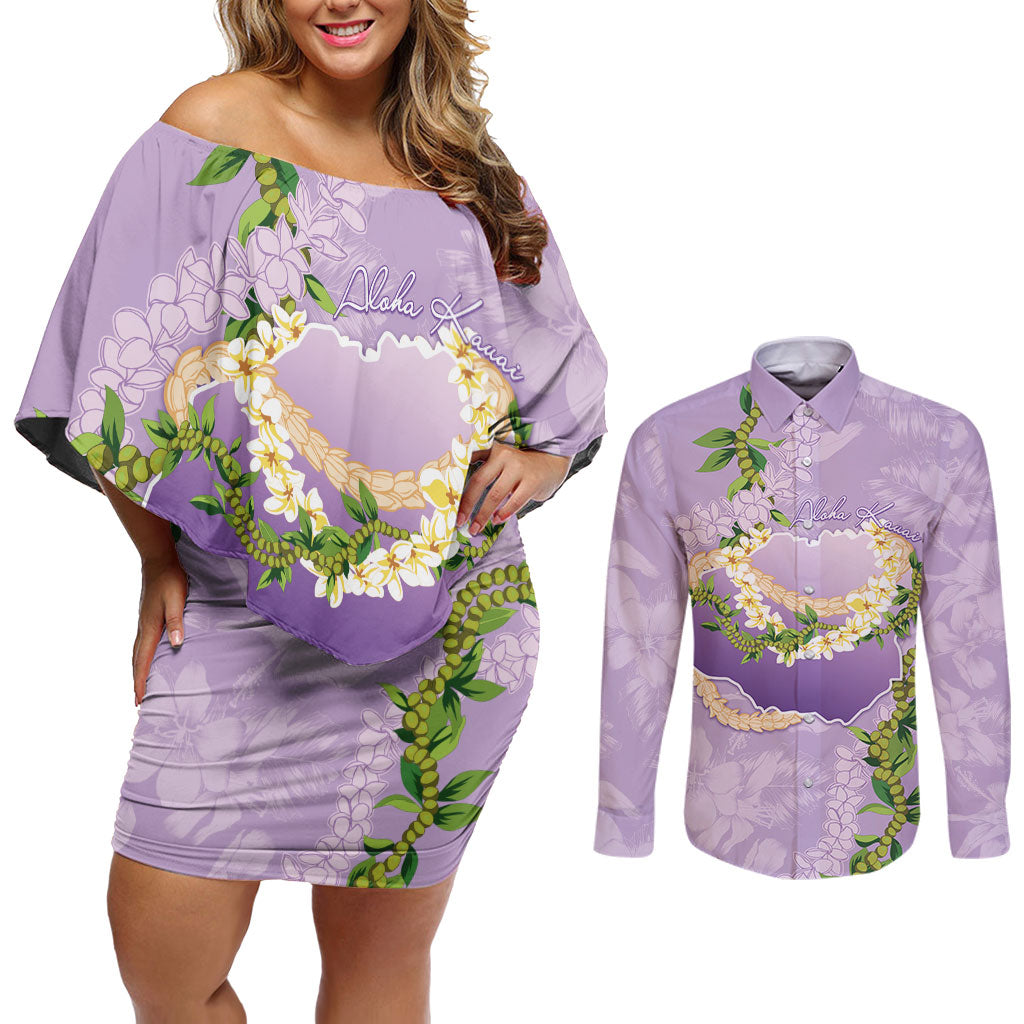 Hawaii Kauai Island Flowers Lei Couples Matching Off Shoulder Short Dress and Long Sleeve Button Shirt Mokihana Lei