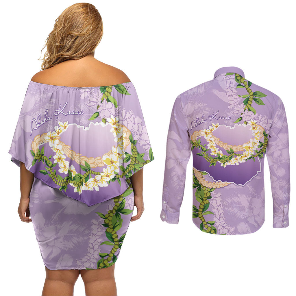 Hawaii Kauai Island Flowers Lei Couples Matching Off Shoulder Short Dress and Long Sleeve Button Shirt Mokihana Lei
