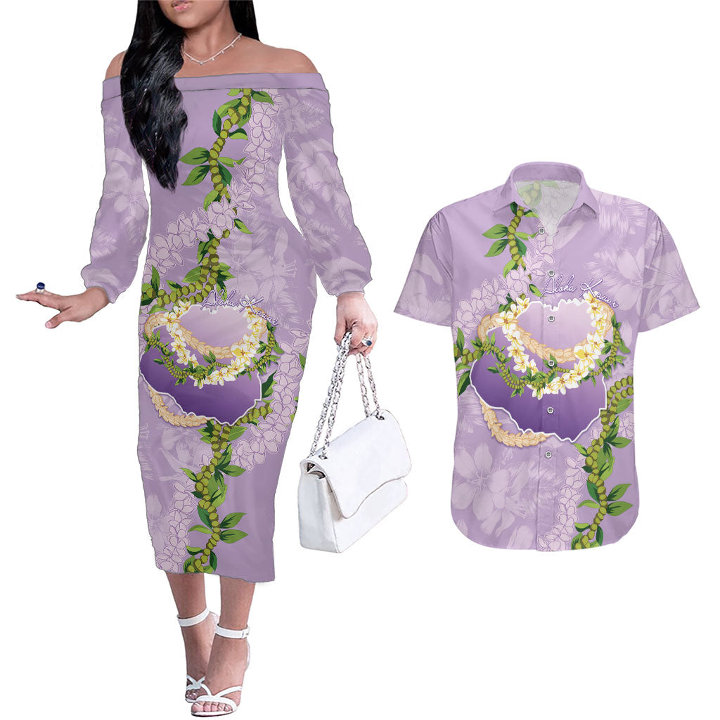 Hawaii Kauai Island Flowers Lei Couples Matching Off The Shoulder Long Sleeve Dress and Hawaiian Shirt Mokihana Lei