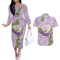 Hawaii Kauai Island Flowers Lei Couples Matching Off The Shoulder Long Sleeve Dress and Hawaiian Shirt Mokihana Lei