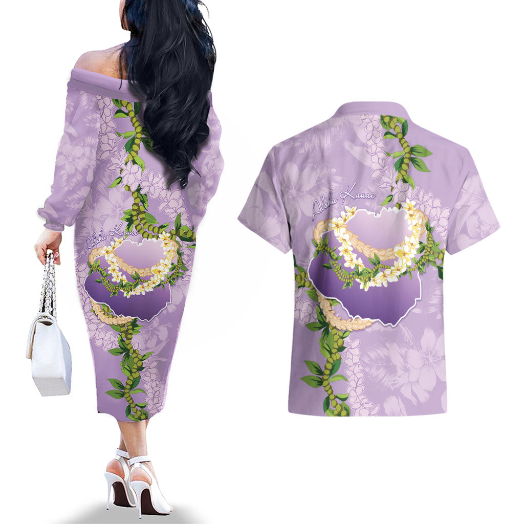 Hawaii Kauai Island Flowers Lei Couples Matching Off The Shoulder Long Sleeve Dress and Hawaiian Shirt Mokihana Lei