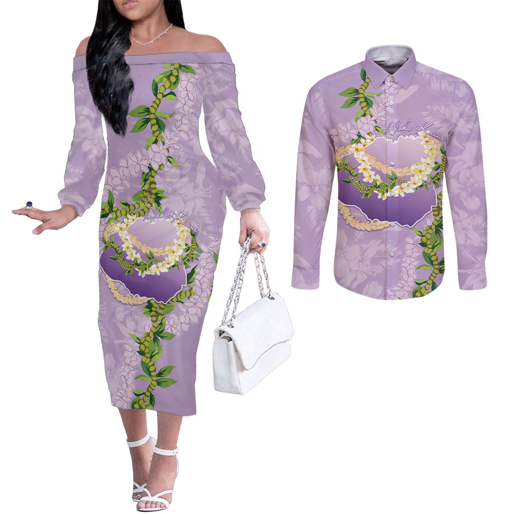 Hawaii Kauai Island Flowers Lei Couples Matching Off The Shoulder Long Sleeve Dress and Long Sleeve Button Shirt Mokihana Lei