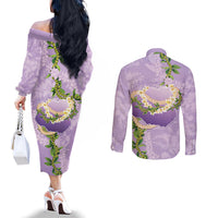 Hawaii Kauai Island Flowers Lei Couples Matching Off The Shoulder Long Sleeve Dress and Long Sleeve Button Shirt Mokihana Lei