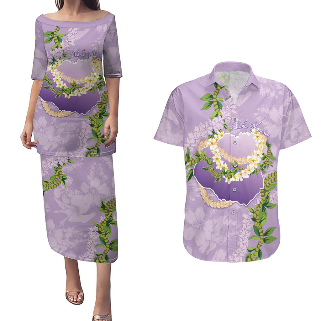 Hawaii Kauai Island Flowers Lei Couples Matching Puletasi and Hawaiian Shirt Mokihana Lei