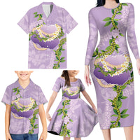 Hawaii Kauai Island Flowers Lei Family Matching Long Sleeve Bodycon Dress and Hawaiian Shirt Mokihana Lei