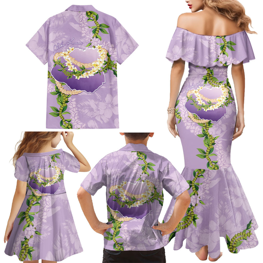Hawaii Kauai Island Flowers Lei Family Matching Mermaid Dress and Hawaiian Shirt Mokihana Lei