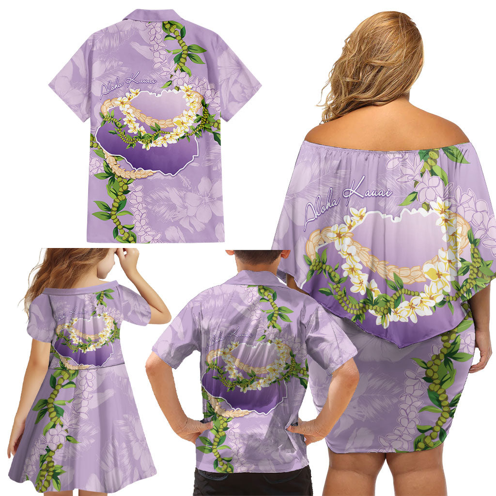 Hawaii Kauai Island Flowers Lei Family Matching Off Shoulder Short Dress and Hawaiian Shirt Mokihana Lei