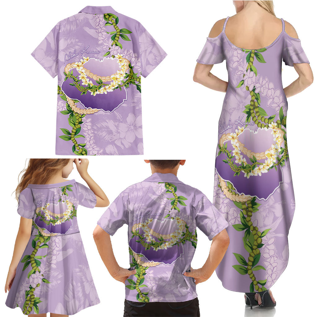 Hawaii Kauai Island Flowers Lei Family Matching Summer Maxi Dress and Hawaiian Shirt Mokihana Lei