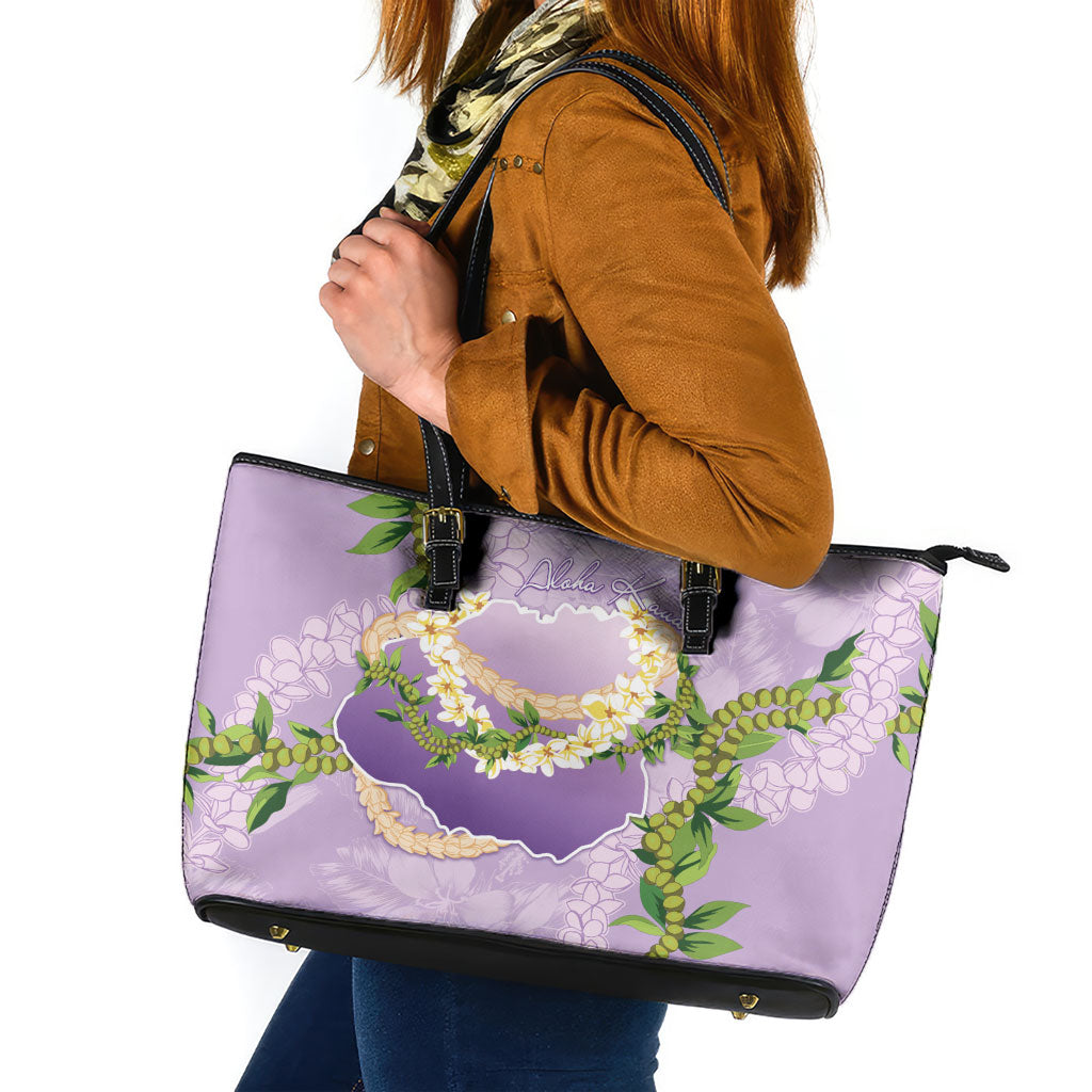 Hawaii Kauai Island Flowers Lei Leather Tote Bag Mokihana Lei LT7 Lavender - Polynesian Pride