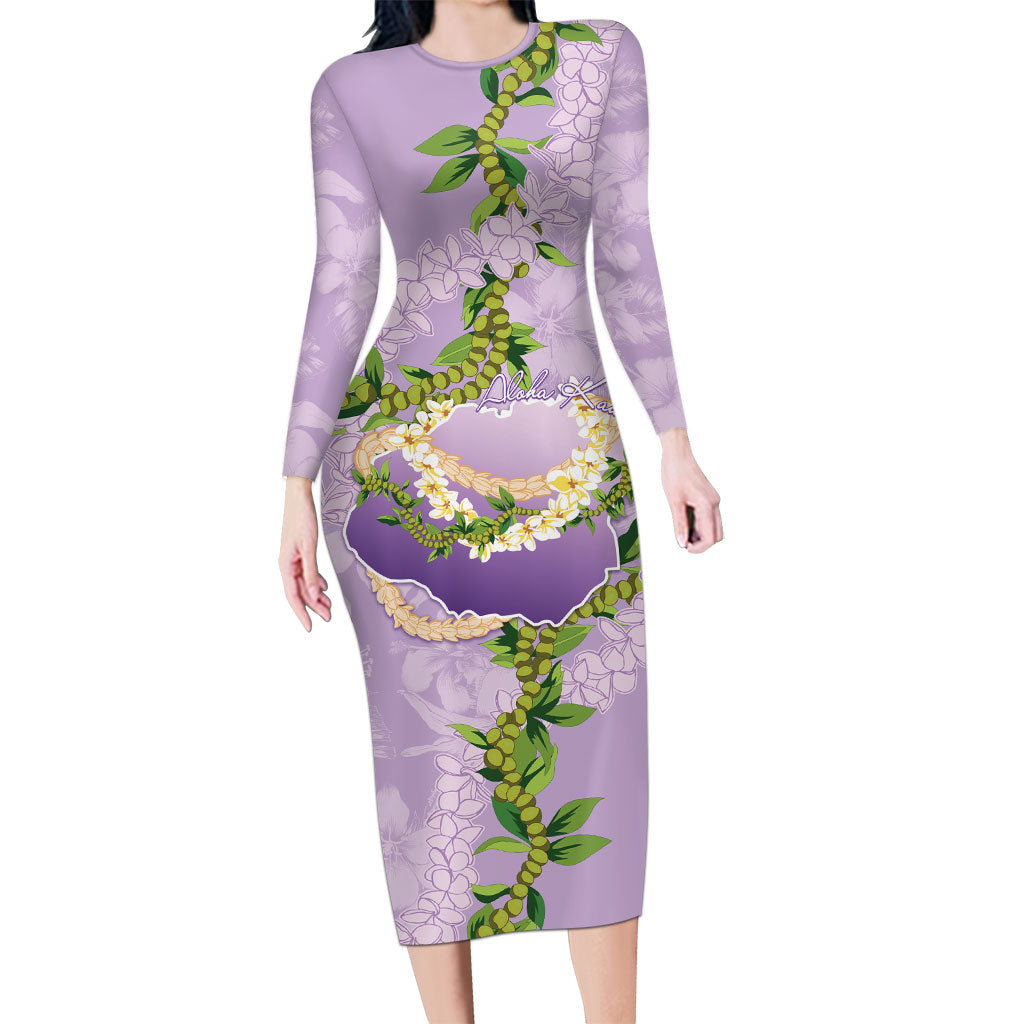 Hawaii Kauai Island Flowers Lei Long Sleeve Bodycon Dress Mokihana Lei LT7 Long Dress Lavender - Polynesian Pride