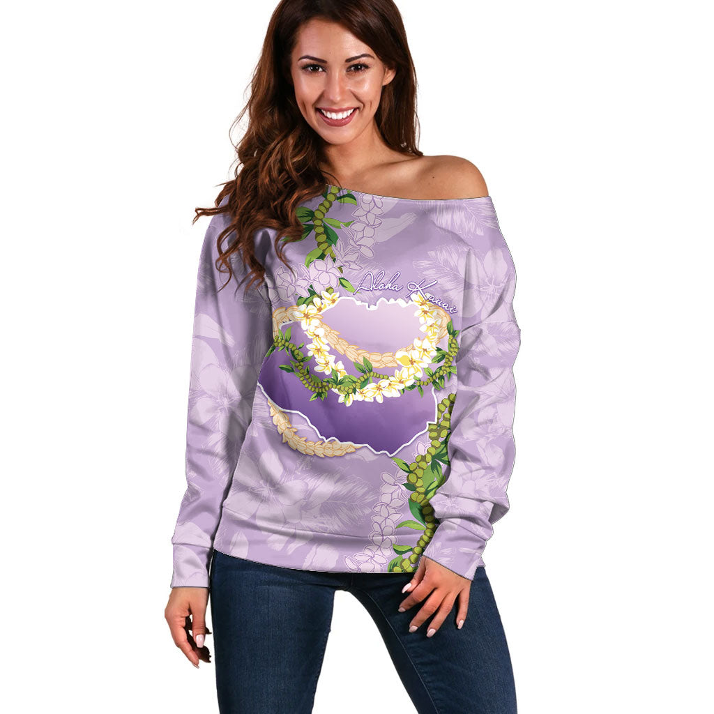 Hawaii Kauai Island Flowers Lei Off Shoulder Sweater Mokihana Lei LT7 Women Lavender - Polynesian Pride