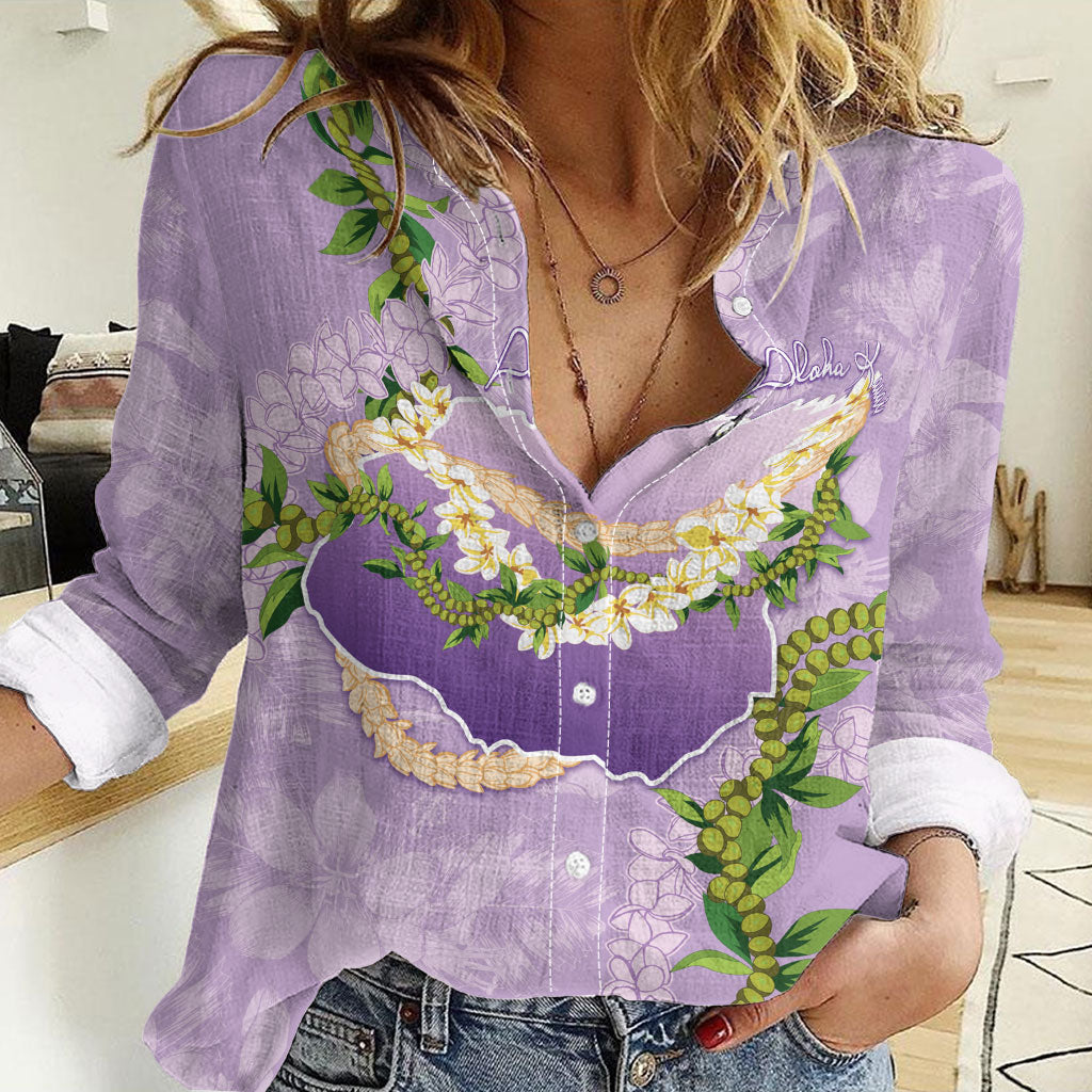 Hawaii Kauai Island Flowers Lei Women Casual Shirt Mokihana Lei LT7 Female Lavender - Polynesian Pride