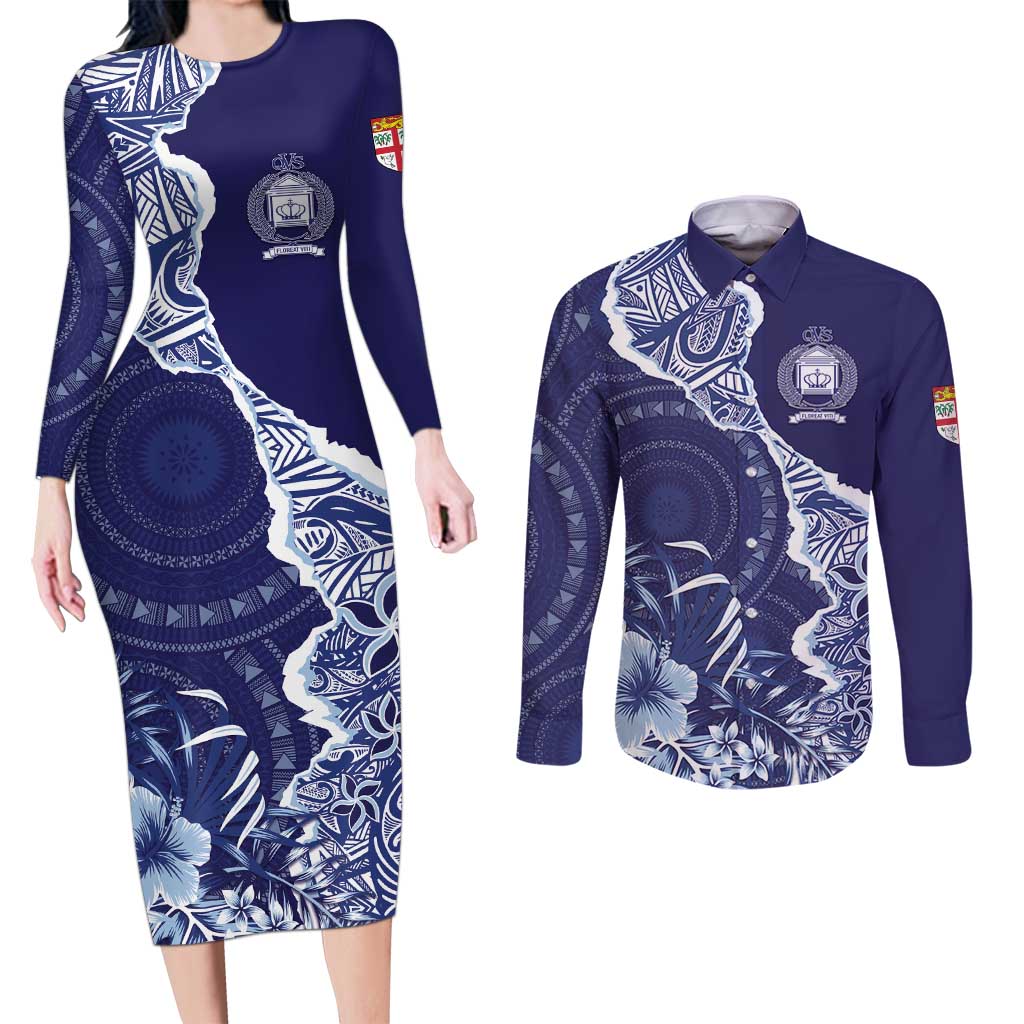 Fiji Queen Victoria School Personalised Couples Matching Long Sleeve Bodycon Dress and Long Sleeve Button Shirt Masi Tapa Torn Style