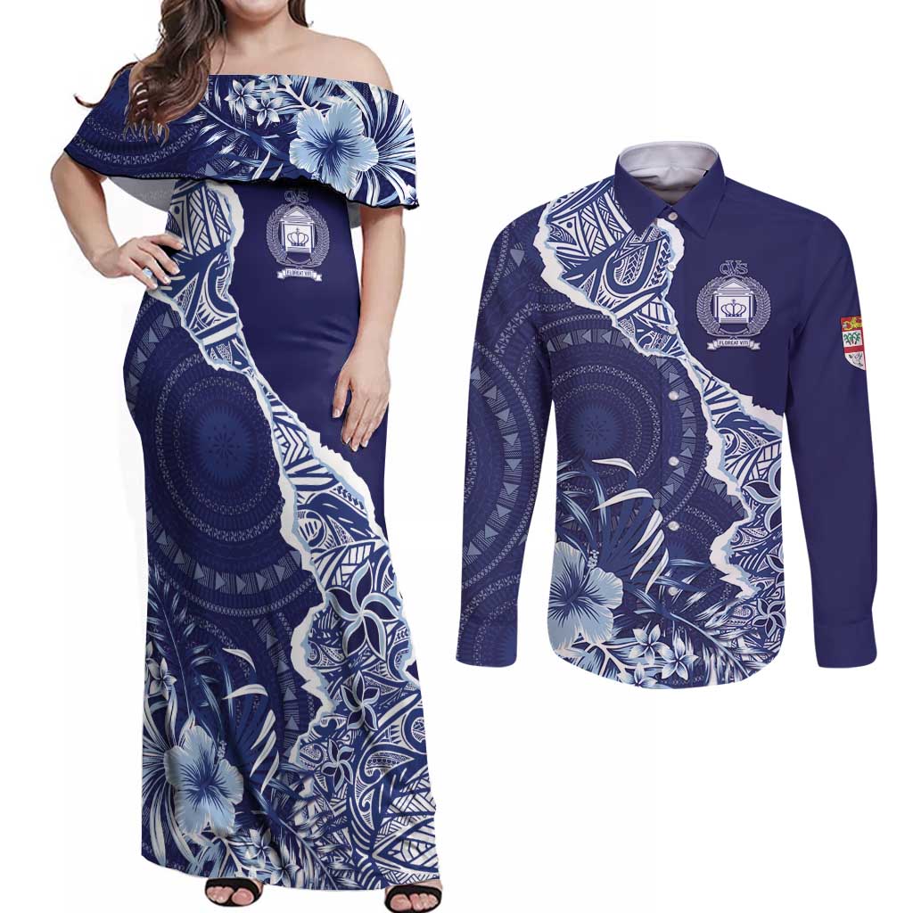 Fiji Queen Victoria School Personalised Couples Matching Off Shoulder Maxi Dress and Long Sleeve Button Shirt Masi Tapa Torn Style