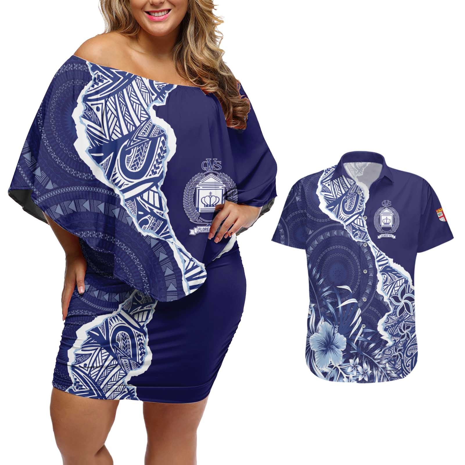 Fiji Queen Victoria School Personalised Couples Matching Off Shoulder Short Dress and Hawaiian Shirt Masi Tapa Torn Style