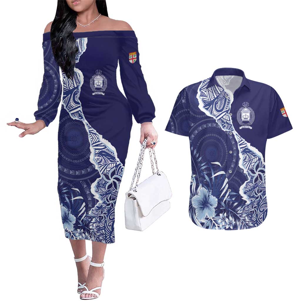 Fiji Queen Victoria School Personalised Couples Matching Off The Shoulder Long Sleeve Dress and Hawaiian Shirt Masi Tapa Torn Style