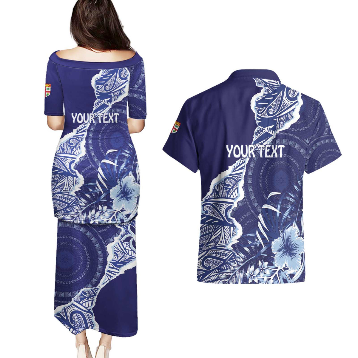 Fiji Queen Victoria School Personalised Couples Matching Puletasi and Hawaiian Shirt Masi Tapa Torn Style