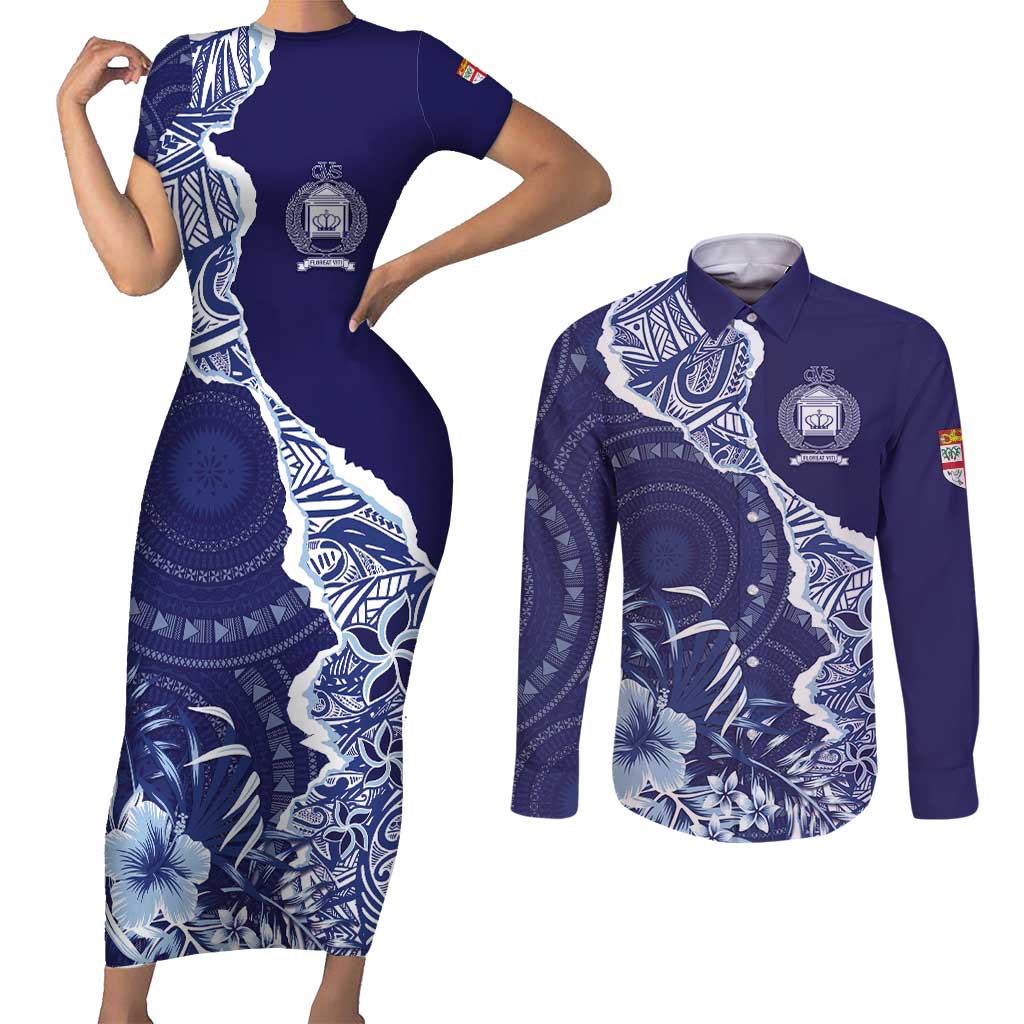 Fiji Queen Victoria School Personalised Couples Matching Short Sleeve Bodycon Dress and Long Sleeve Button Shirt Masi Tapa Torn Style