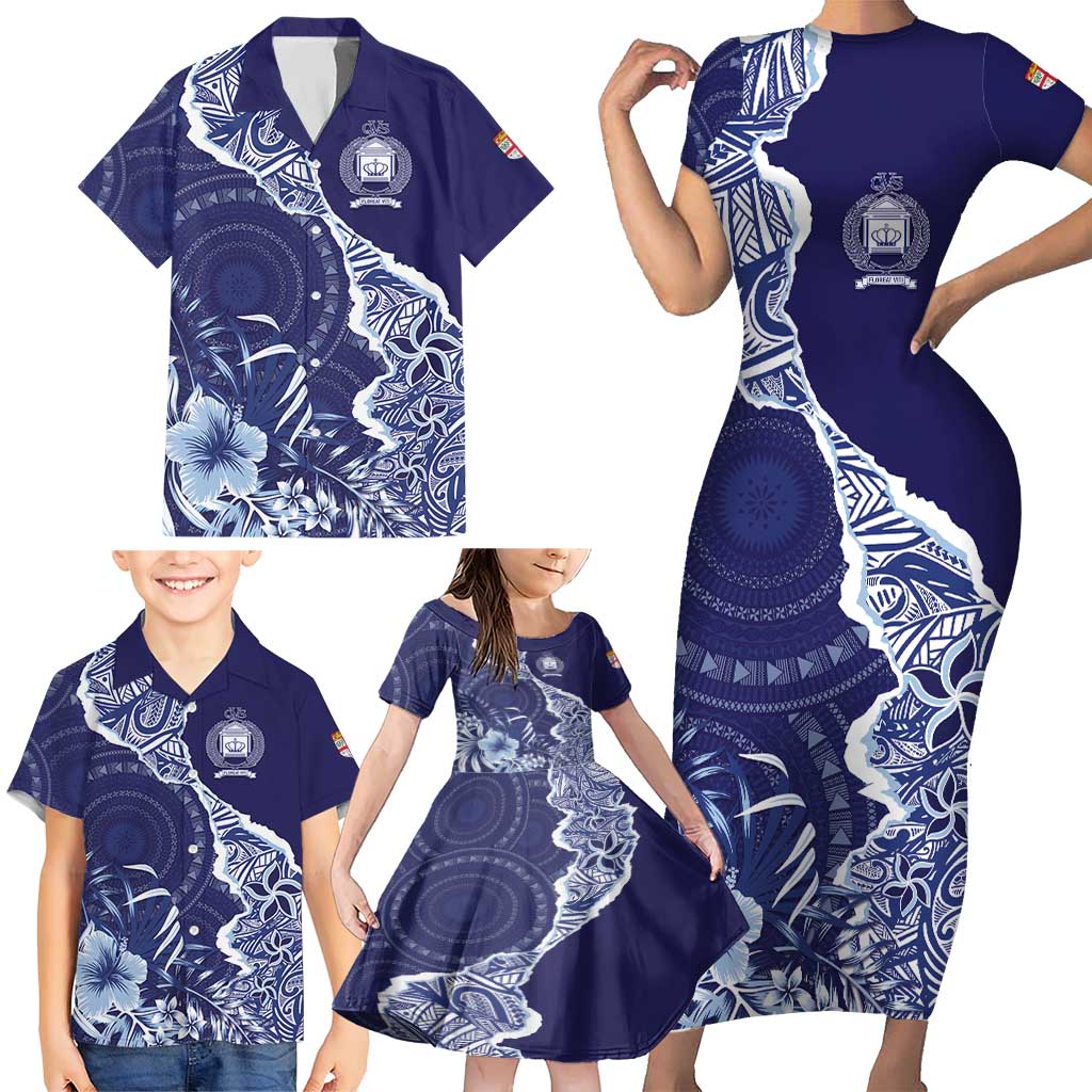 Fiji Queen Victoria School Personalised Family Matching Short Sleeve Bodycon Dress and Hawaiian Shirt Masi Tapa Torn Style