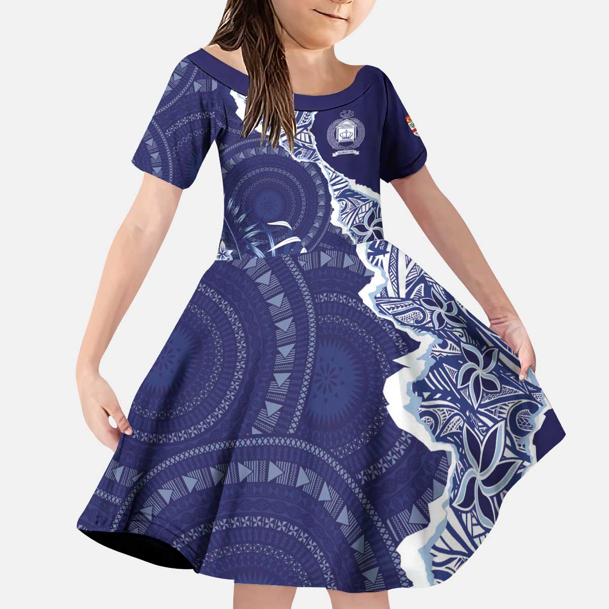 Fiji Queen Victoria School Personalised Kid Short Sleeve Dress Masi Tapa Torn Style