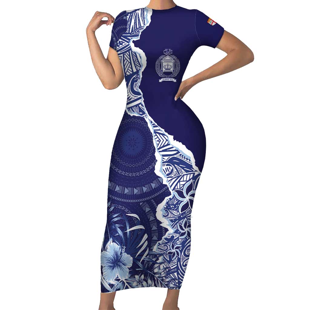 Fiji Queen Victoria School Personalised Short Sleeve Bodycon Dress Masi Tapa Torn Style