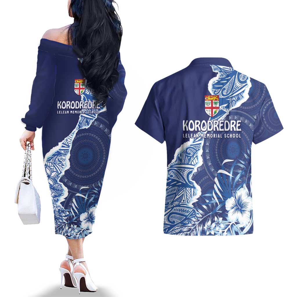 Fiji Lelean Memorial School Personalised Couples Matching Off The Shoulder Long Sleeve Dress and Hawaiian Shirt Korodredre Davuilevu Masi Mix Style