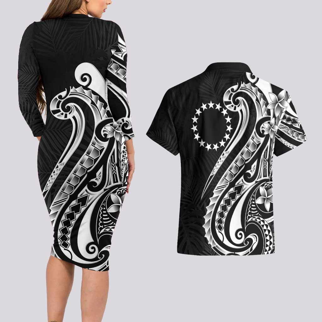 Kia Orana Cook Islands Couples Matching Long Sleeve Bodycon Dress and Hawaiian Shirt Kerekere Plumeria Tropical Waves - Polynesian Pride