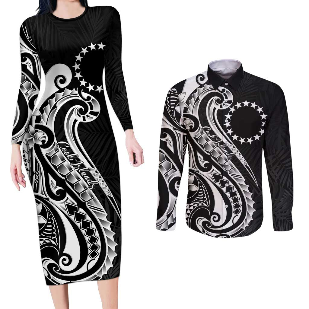 Kia Orana Cook Islands Couples Matching Long Sleeve Bodycon Dress and Long Sleeve Button Shirt Kerekere Plumeria Tropical Waves LT7 Black - Polynesian Pride