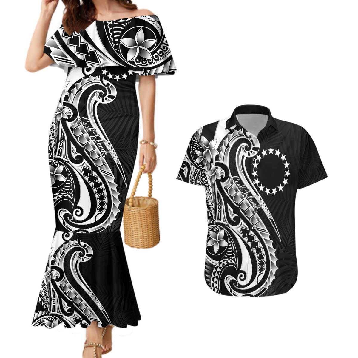 Kia Orana Cook Islands Couples Matching Mermaid Dress and Hawaiian Shirt Kerekere Plumeria Tropical Waves - Polynesian Pride