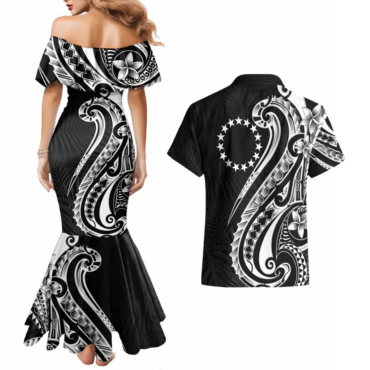 Kia Orana Cook Islands Couples Matching Mermaid Dress and Hawaiian Shirt Kerekere Plumeria Tropical Waves - Polynesian Pride