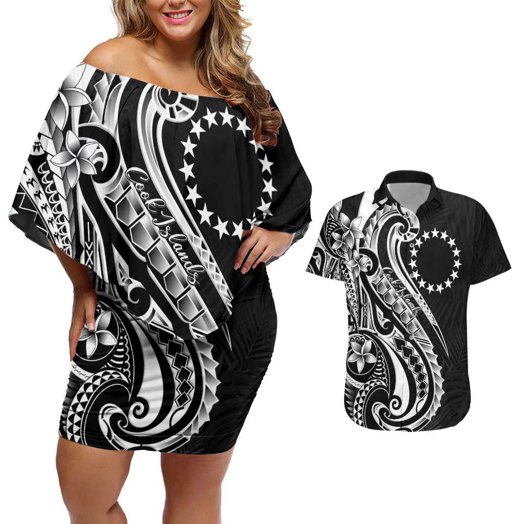 Kia Orana Cook Islands Couples Matching Off Shoulder Short Dress and Hawaiian Shirt Kerekere Plumeria Tropical Waves LT7 Black - Polynesian Pride