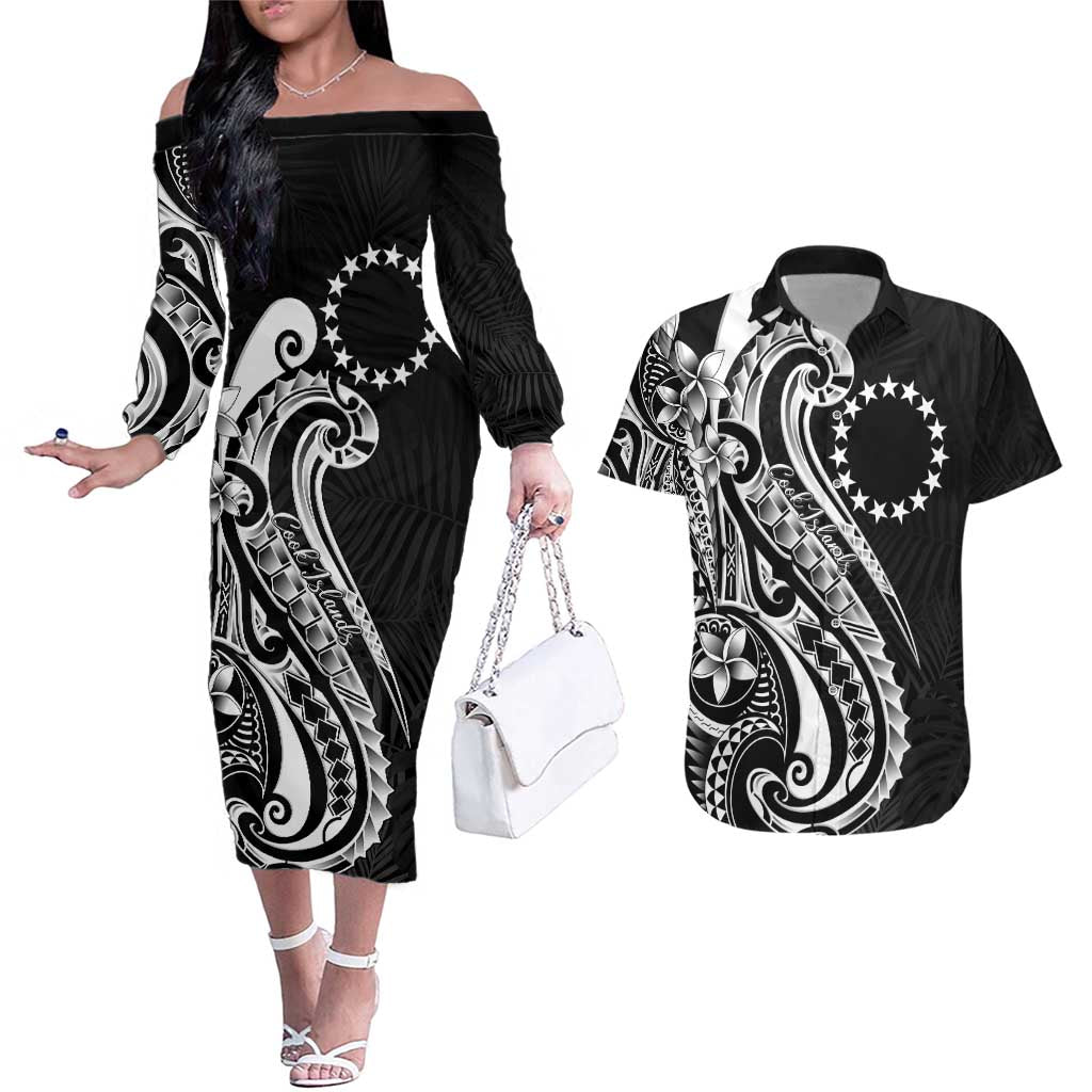 Kia Orana Cook Islands Couples Matching Off The Shoulder Long Sleeve Dress and Hawaiian Shirt Kerekere Plumeria Tropical Waves - Polynesian Pride