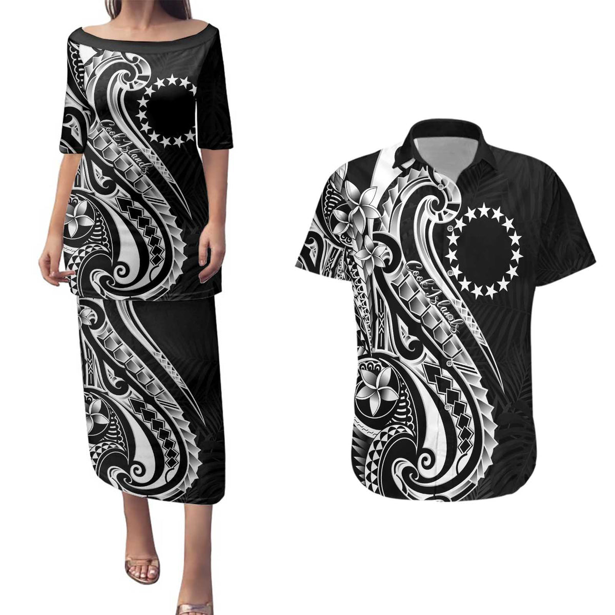 Kia Orana Cook Islands Couples Matching Puletasi and Hawaiian Shirt Kerekere Plumeria Tropical Waves - Polynesian Pride