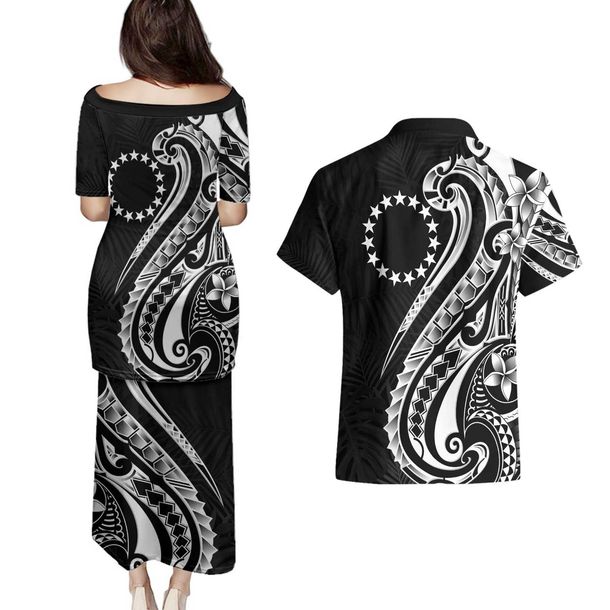 Kia Orana Cook Islands Couples Matching Puletasi and Hawaiian Shirt Kerekere Plumeria Tropical Waves - Polynesian Pride