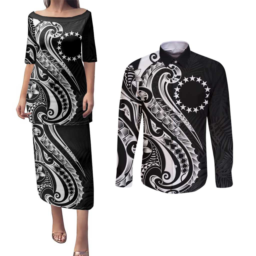 Kia Orana Cook Islands Couples Matching Puletasi and Long Sleeve Button Shirt Kerekere Plumeria Tropical Waves LT7 Black - Polynesian Pride